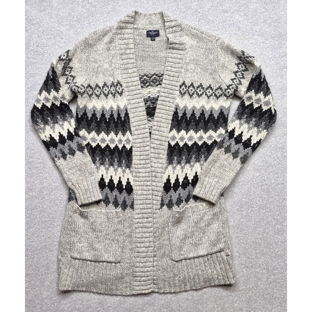 American Eagle Cardigan Sweater Women L Gray Black Open Front Chunky Knit Pocket